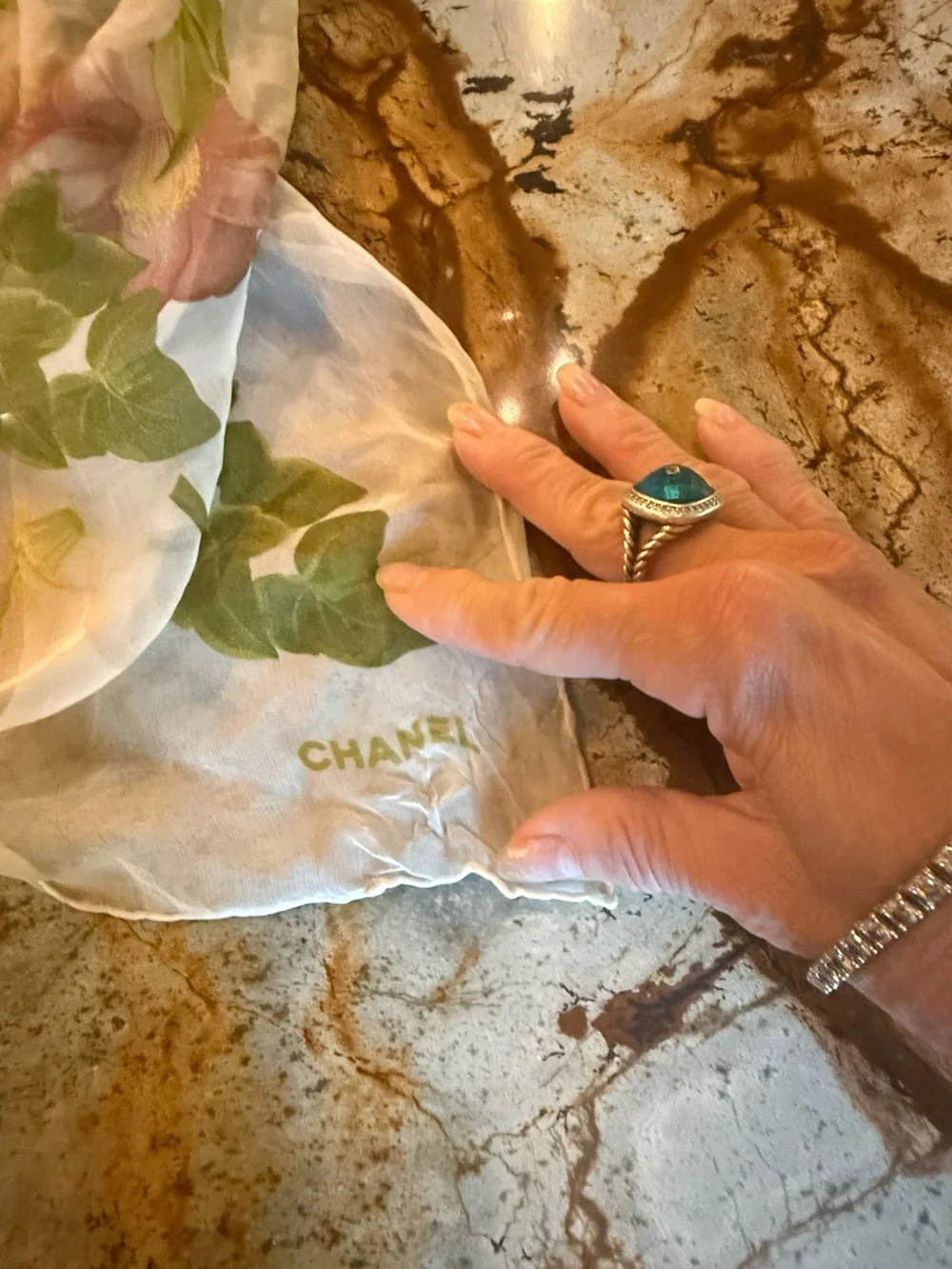 CHANEL White Silk Scarf with Green Floral Print